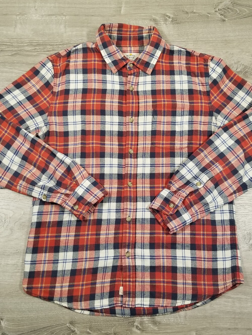Marine Layer Red Plaid Flannel Long Sleeve Button Down Shirt Mens Size Medium